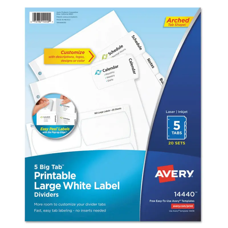 Avery Big Tab Printable Large White Label Tab Dividers, 5-Tab, 11 x 8.5, White, 20 Sets (AVE14440) Box of 20
