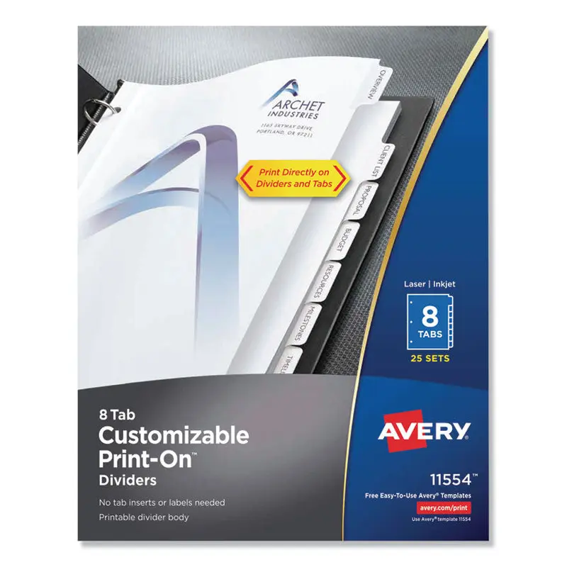 Avery Customizable Print-On Dividers, 3-Hole Punched, 8-Tab, 11 x 8.5, White, 25 Sets (AVE11554) Box of 25