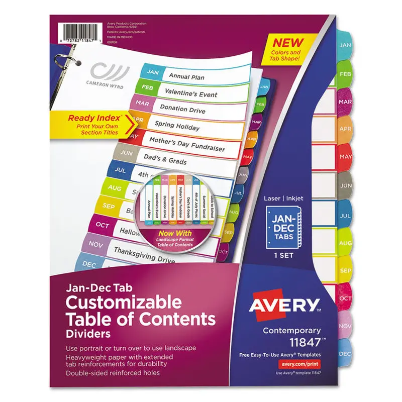 Avery Customizable TOC Ready Index Multicolor Tab Dividers, 12-Tab, Jan. to Dec., 11 x 8.5, White, Contemporary Color Tabs, 1 Set (AVE11847) Set of 12