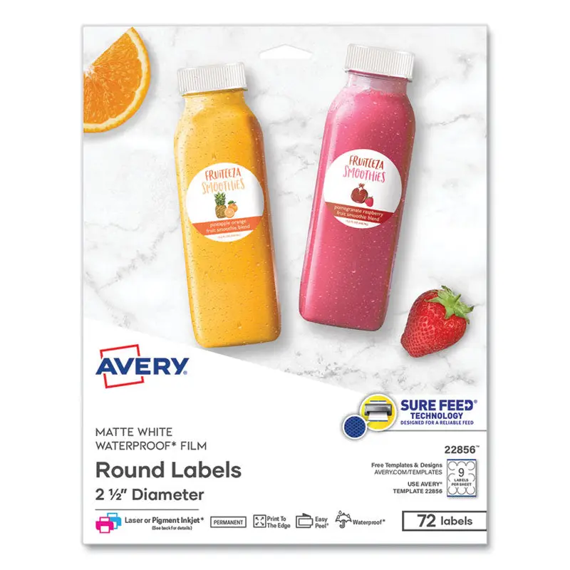 Avery Durable White ID Labels w/ Sure Feed, 2.5" dia, White, 72/Pk (AVE22856) Pack of 5
