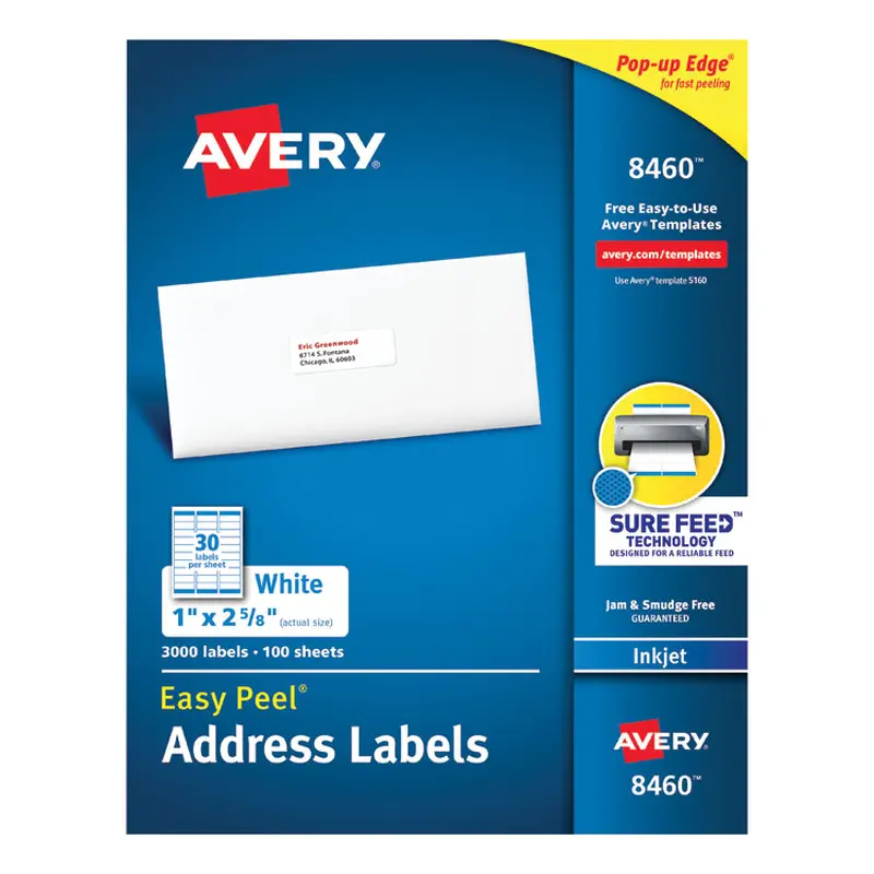 Avery Easy Peel White Address Labels w/ Sure Feed Technology, Inkjet Printers, 1 x 2.63, White, 30/Sheet, 100 Sheets/Box (AVE8460) Box of 3000