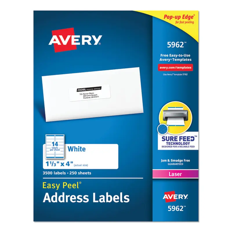 Avery Easy Peel White Address Labels w/ Sure Feed Technology, Laser Printers, 1.33 x 4, White, 14/Sheet, 250 Sheets/Box (AVE5962) Box of 3500