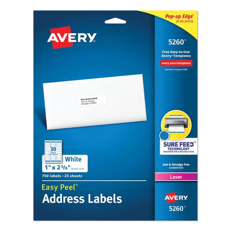 Avery Easy Peel White Address Labels w/ Sure Feed Technology, Laser Printers, 1 x 2.63, White, 30/Sheet, 25 Sheets/Pack (AVE5260) Pack of 750