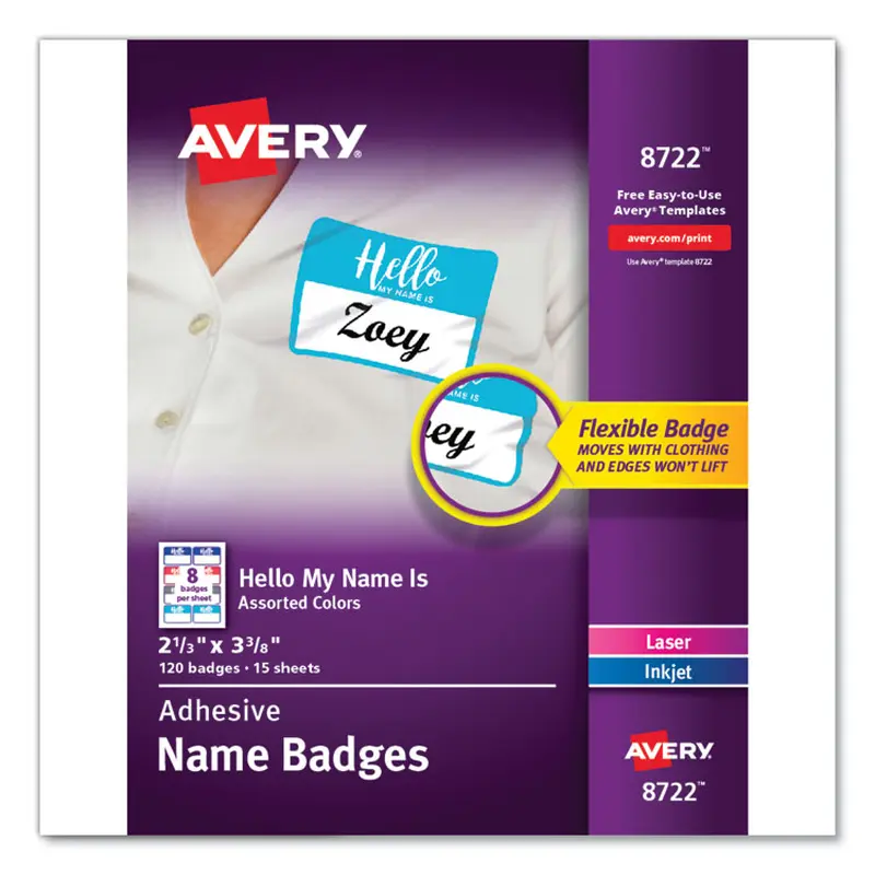 Avery Flexible Adhesive Name Badge Labels, "Hello", 3 3/8 x 2 1/3, Assorted, 120/PK (AVE8722) Pack of 120