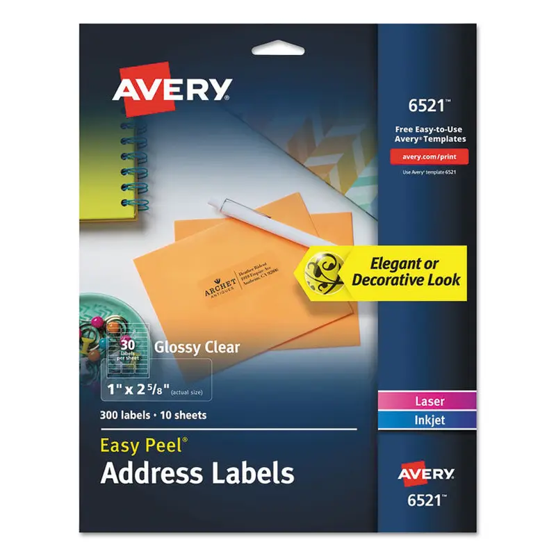 Avery Glossy Clear Easy Peel Mailing Labels w/ Sure Feed Technology, Inkjet/Laser Printers, 1 x 2.63, 30/Sheet, 10 Sheets/Pack (AVE6521) Pack of 300