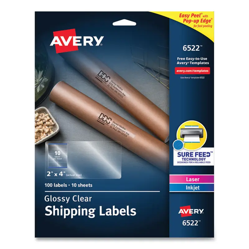 Avery Glossy Clear Easy Peel Mailing Labels w/ Sure Feed Technology, Inkjet/Laser Printers, 2 x 4, Clear, 10/Sheet, 10 Sheets/Pack (AVE6522) Pack of 100
