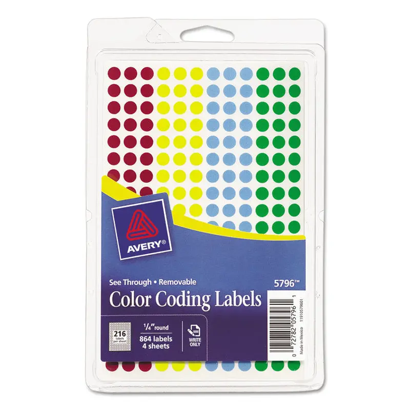 Avery Handwrite-Only Self-Adhesive "See Through" Removable Round Color Dots, 0.25" dia, Assorted, 216/Sheet, 4 Sheets/Pack, (5796) (AVE05796) Pack of 860