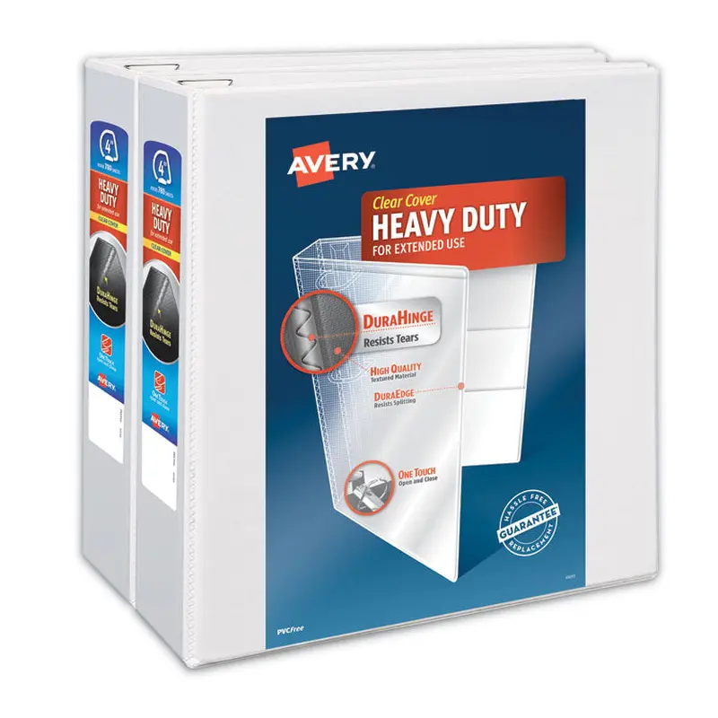 Avery Heavy-Duty Non Stick View Binder with DuraHinge and Slant Rings, 3 Rings, 4" Capacity, 11 x 8.5, White, 2/Pack (AVE79875) Pack of 2