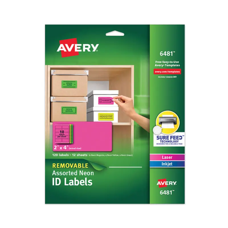 Avery High-Vis Removable Laser/Inkjet ID Labels, 2 x 4, Asst. Neon, 120/Pack (AVE6481) Pack of 120
