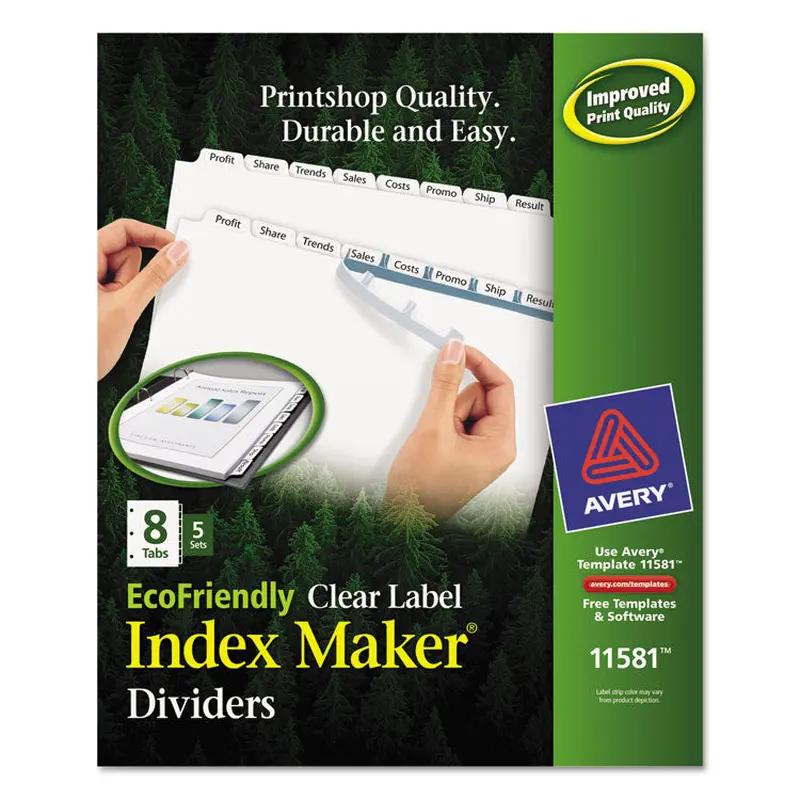 Avery Index Maker EcoFriendly Print and Apply Clear Label Dividers with White Tabs, 8-Tab, 11 x 8.5, White, 5 Sets (AVE11581) Pack of 5