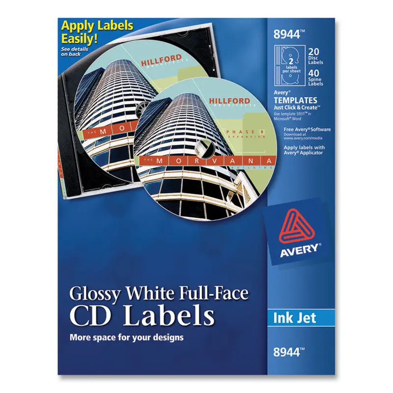 Avery Inkjet Full-Face CD Labels, Glossy White, 20/Pack (AVE8944) Kit