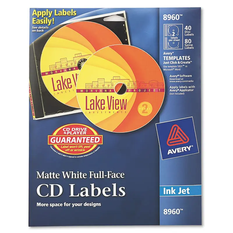 Avery Inkjet Full-Face CD Labels, Matte White, 40/Pack (AVE8960) Kit