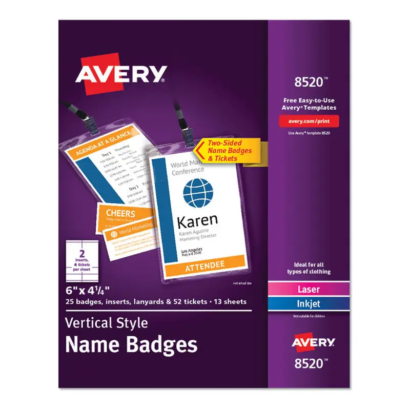 Avery Lanyard-Style Badge Holder w/Laser/Inkjet Inserts, Top Load, 4.25 x 6, WE, 25/PK (AVE8520) Pack of 25