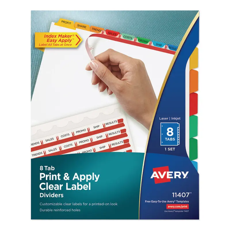 Avery Print and Apply Index Maker Clear Label Dividers, 8-Tab, Color Tabs, 11 x 8.5, White, Traditional Color Tabs, 1 Set (AVE11407) Set of 8