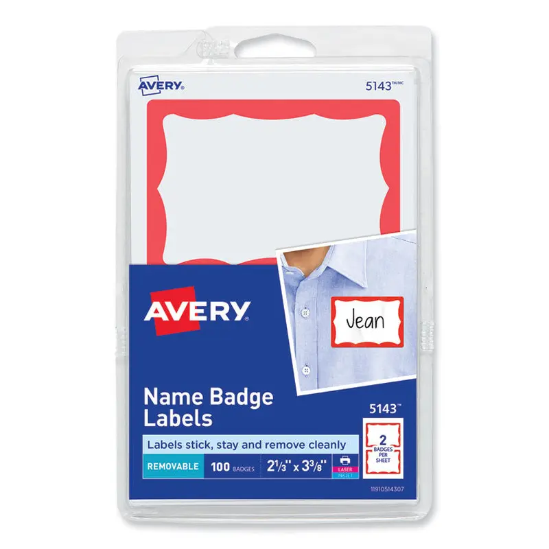 Avery Printable Adhesive Name Badges, 3.38 x 2.33, Red Border, 100/Pack (AVE5143) Pack of 100