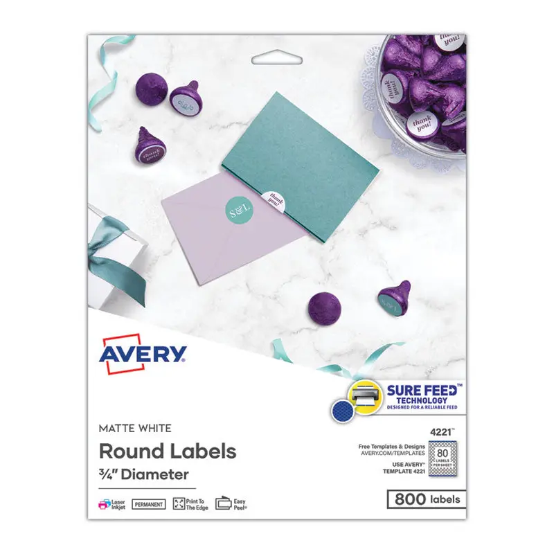 Avery Printable Self-Adhesive Permanent ID Labels w/Sure Feed, 0.75" dia, White 800/PK (AVE4221) Pack of 6