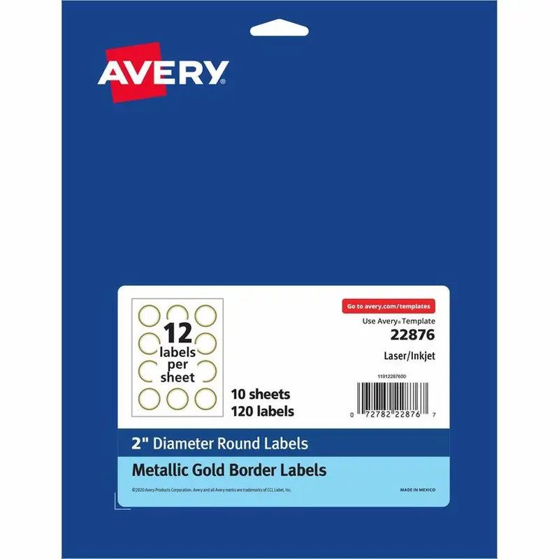 Avery® Round Labels, 2" dia, White with Gold Border, 12/Sheet, 10 Sheets/Pack (AVE22876) Pack of 120
