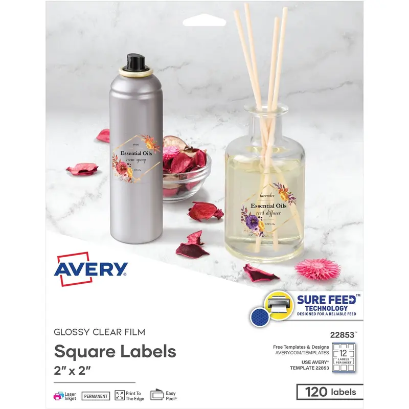 Avery® Square Labels, 12/sheet, Laser/Inkjet, 2" x 2", 120/PK, Glossy Clear (AVE22853) Pack of 120