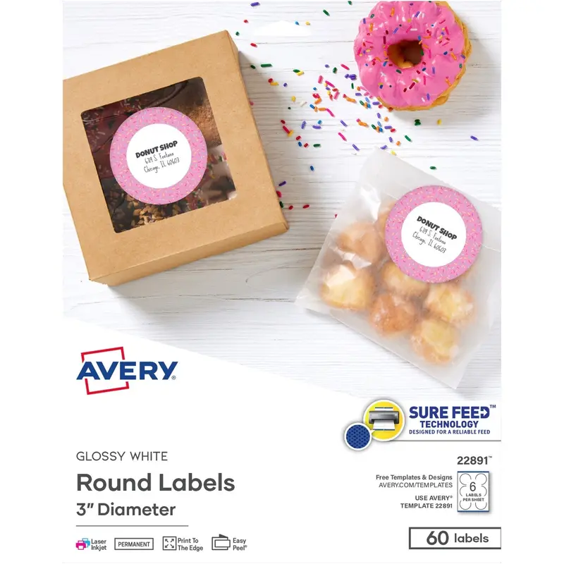 Avery® Sure Feed Easy Peel Glossy Labels - 3" Diameter - Permanent Adhesive - Round - Gloss White - 6 / Sheet - 60 / Pack (AVE22891) Pack of 60