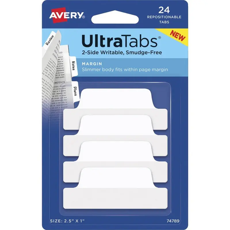 Avery® Ultra Tabs Repositionable Margin Tabs - 24 Tab(s) - 6 Tab(s)/Set - Clear Film, White Paper Tab(s) - 4 (AVE74789) Pack of 24