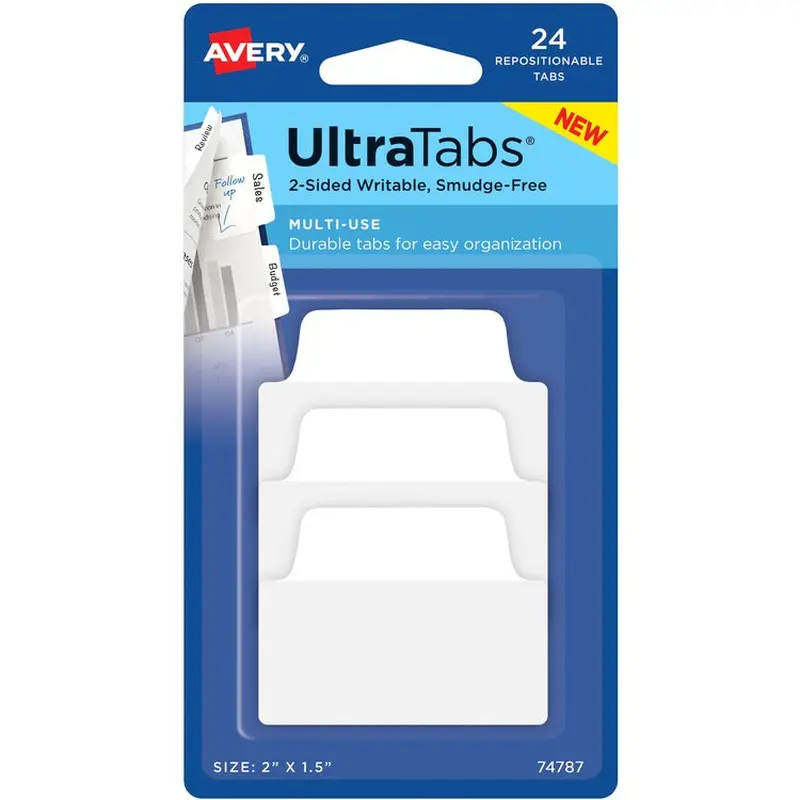 Avery® Ultra Tabs Repositionable Multi-Use Tabs - 24 Tab(s) - 8 Tab(s)/Set - Clear Film, White Paper Tab(s) - 3 (AVE74787) Pack of 24