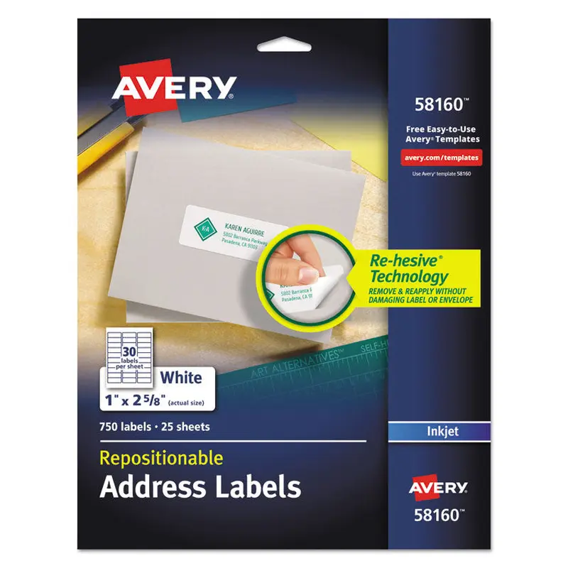 Avery Repositionable Address Labels w/SureFeed, Inkjet/Laser, 1 x 2.63, White, 750/BX (AVE58160) Pack of 750
