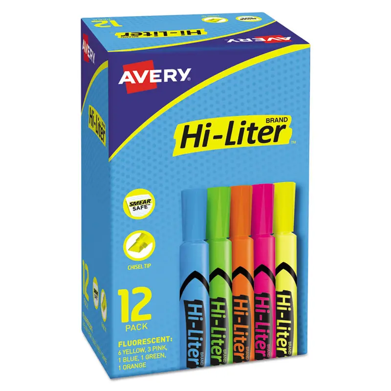 Avery HI-LITER Desk-Style Highlighters, Assorted Ink Colors, Chisel Tip, Assorted Barrel Colors, Dozen (AVE98034) Pack of 12
