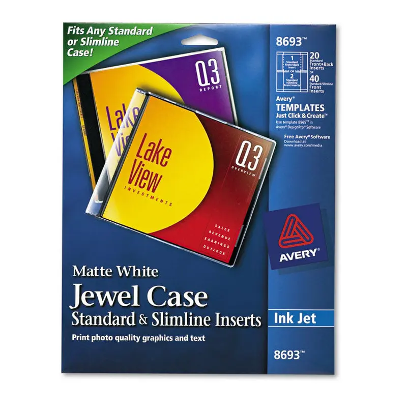 Avery Inkjet CD/DVD Jewel Case Inserts, Matte White, 20/Pack (AVE8693) Pack of 20