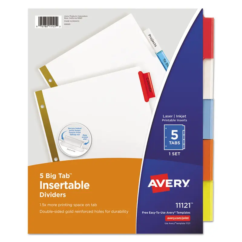 Avery Insertable Big Tab Dividers, 5-Tab, Double-Sided Gold Edge Reinforcing, 11 x 8.5, White, Assorted Tabs, 1 Set (AVE11121) Set of 5