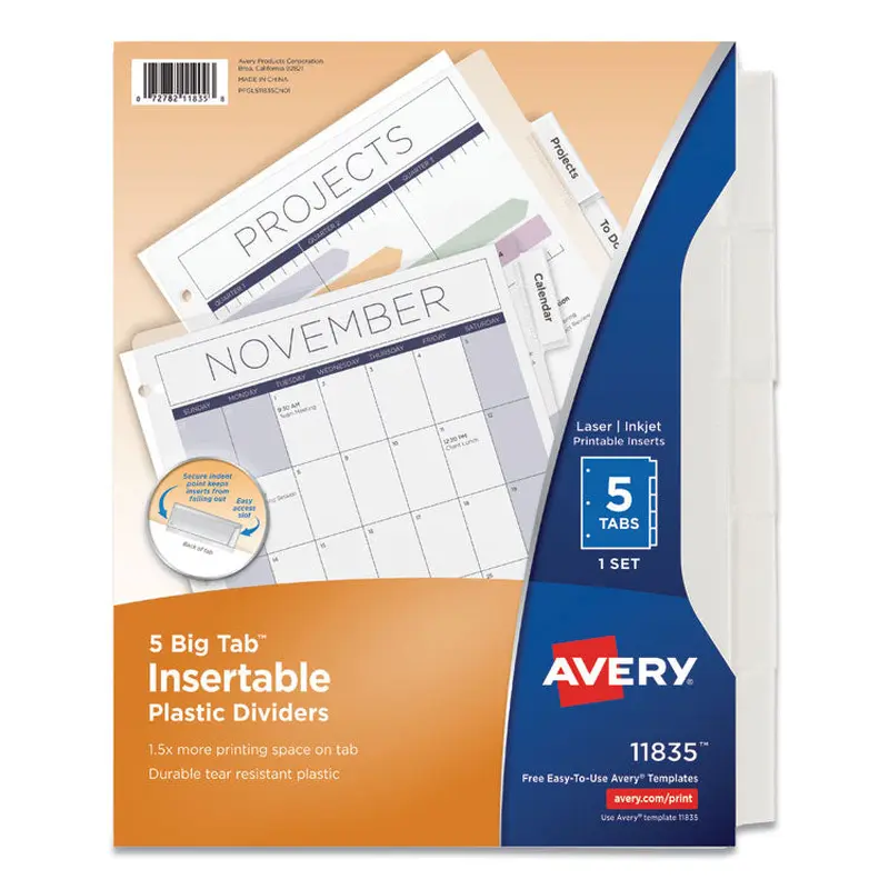 Avery Insertable Big Tab Plastic Dividers, 5-Tab, 11 x 8.5, Clear, 1 Set (AVE11835) Each