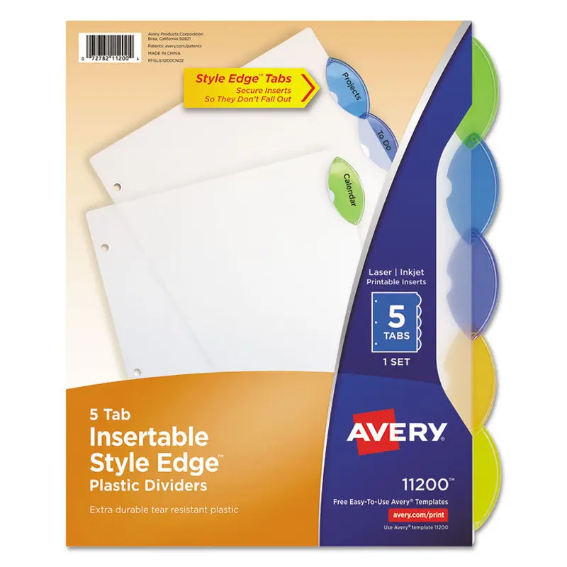 Avery Insertable Style Edge Tab Plastic Dividers, 5-Tab, 11 x 8.5, Translucent, 1 Set (AVE11200) Set of 5
