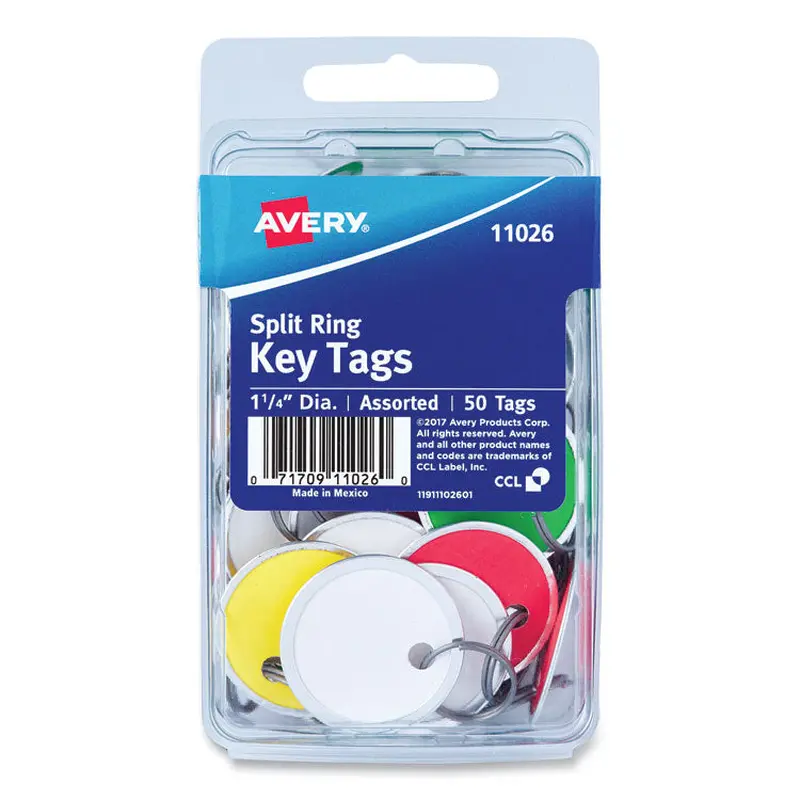 Avery Key Tags with Split Ring, 1.25" dia, Assorted Colors, 50/Pack (AVE11026) Pack of 50