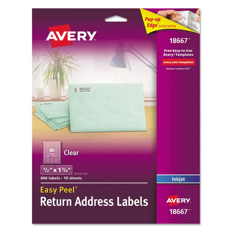 Avery Matte Clear Easy Peel Mailing Labels w/ Sure Feed Technology, Inkjet Printers, 0.5 x 1.75, Clear, 80/Sheet, 10 Sheets/Pack (AVE18667) Pack of 800
