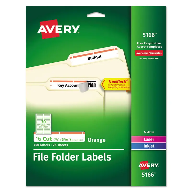 Avery Permanent TrueBlock File Folder Labels with Sure Feed Technology, 0.66 x 3.44, White, 30/Sheet, 25 Sheets/Pack (AVE5166) Pack of 750