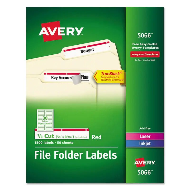 Avery Permanent TrueBlock File Folder Labels with Sure Feed Technology, 0.66 x 3.44, White, 30/Sheet, 50 Sheets/Box (AVE5066) Box of 1500