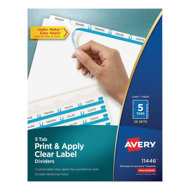 Avery Print and Apply Index Maker Clear Label Dividers, 5-Tab, White Tabs, 11 x 8.5, White, 25 Sets (AVE11446) Box of 25