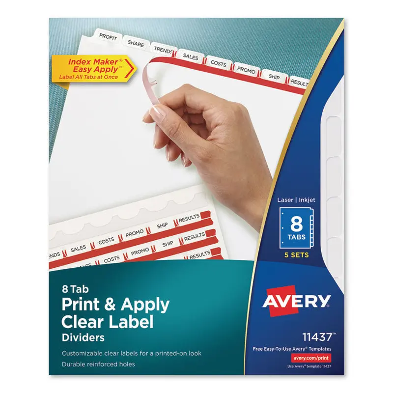 Avery Print and Apply Index Maker Clear Label Dividers, 8-Tab, 11 x 8.5, White, 5 Sets (AVE11437) Pack of 5
