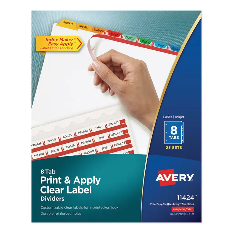 Avery Print and Apply Index Maker Clear Label Dividers, 8-Tab, Color Tabs, 11 x 8.5, White, Traditional Color Tabs, 25 Sets (AVE11424) Set of 8