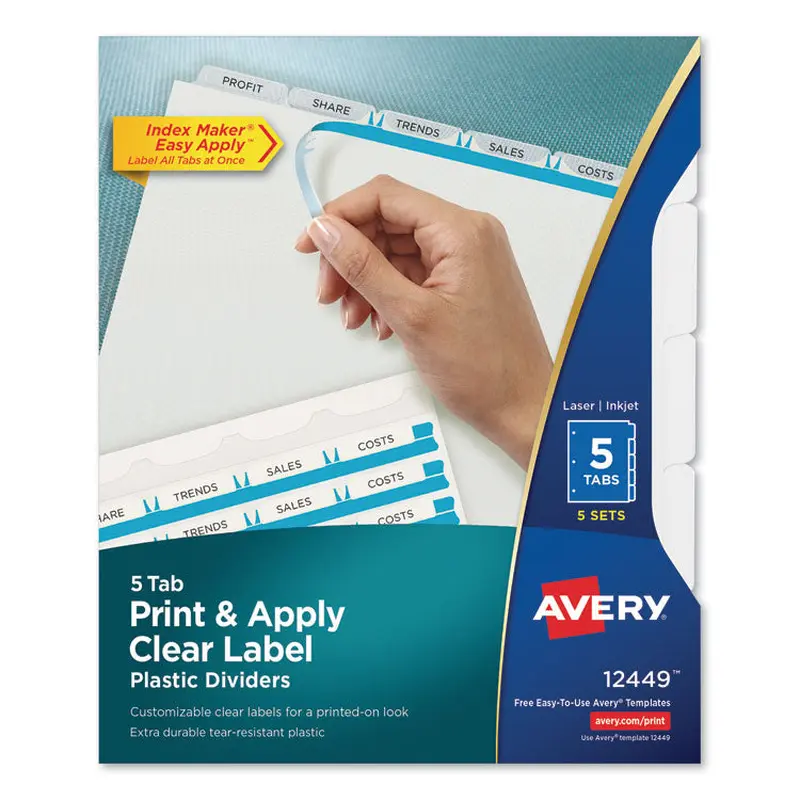 Avery Print and Apply Index Maker Clear Label Plastic Dividers w/Printable Label Strip, 5-Tab, 11 x 8.5, Frosted Clear Tabs, 5 Sets (AVE12449) 5 Sets of 5