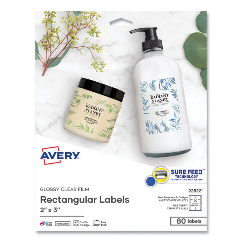 Avery Print-to-the-Edge Labels with Sure Feed and Easy Peel, 2 x 3, Glossy Clear, 80/Pack (AVE22822) Pack of 80