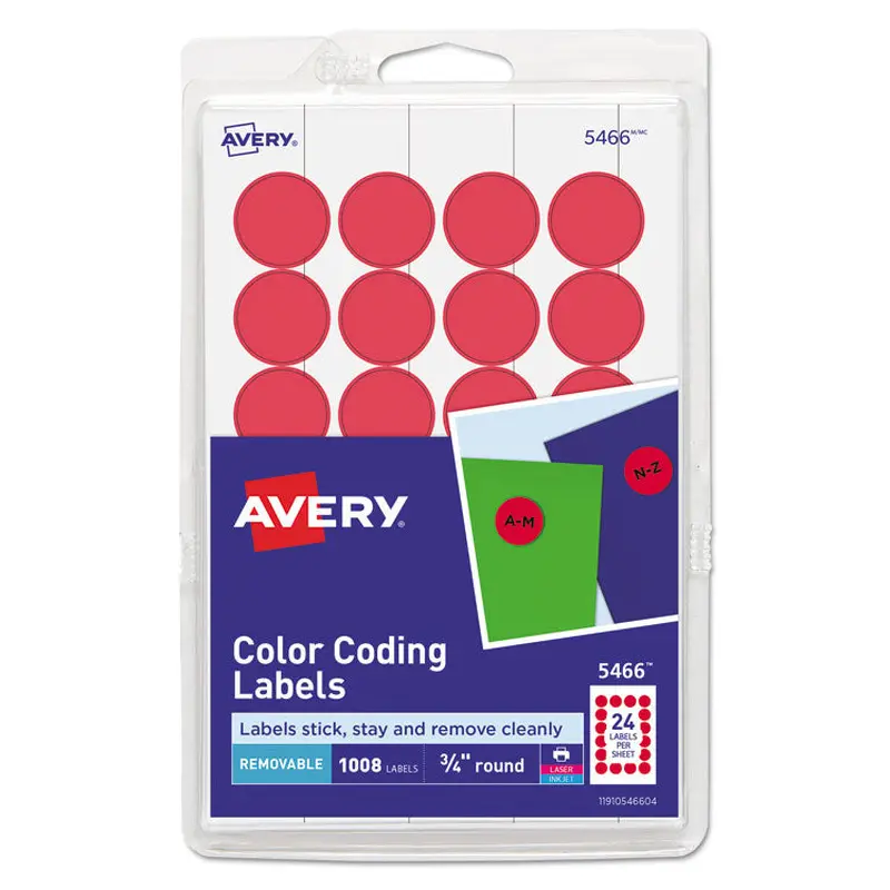 Avery Printable Self-Adhesive Removable Color-Coding Labels, 0.75" dia, Red, 24/Sheet, 42 Sheets/Pack, (5466) (AVE05466) Pack of 1000