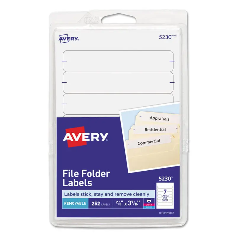 Avery Removable File Folder Labels with Sure Feed Technology, 0.66 x 3.44, White, 7/Sheet, 36 Sheets/Pack (AVE5230) Pack of 252