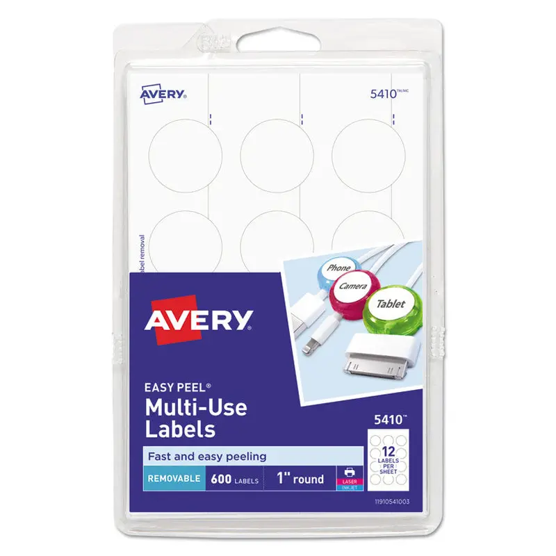 Avery Removable Multi-Use Labels, Inkjet/Laser Printers, 1" dia, White, 12/Sheet, 50 Sheets/Pack, (5410) (AVE05410) Pack of 600