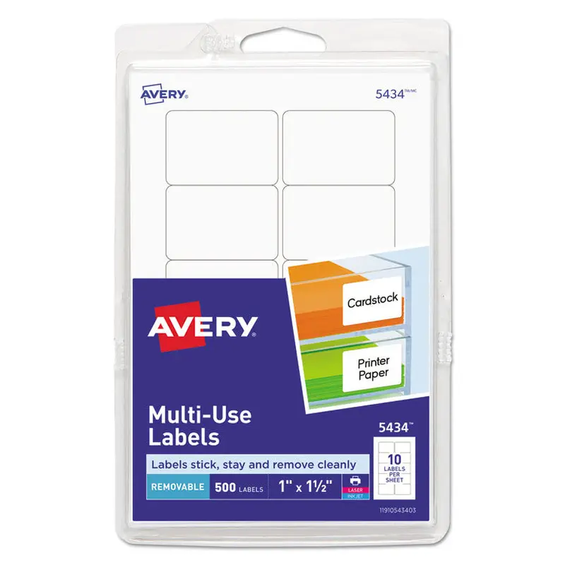 Avery Removable Multi-Use Labels, Inkjet/Laser Printers, 1 x 1.5, White, 10/Sheet, 50 Sheets/Pack, (5434) (AVE05434) Pack of 500