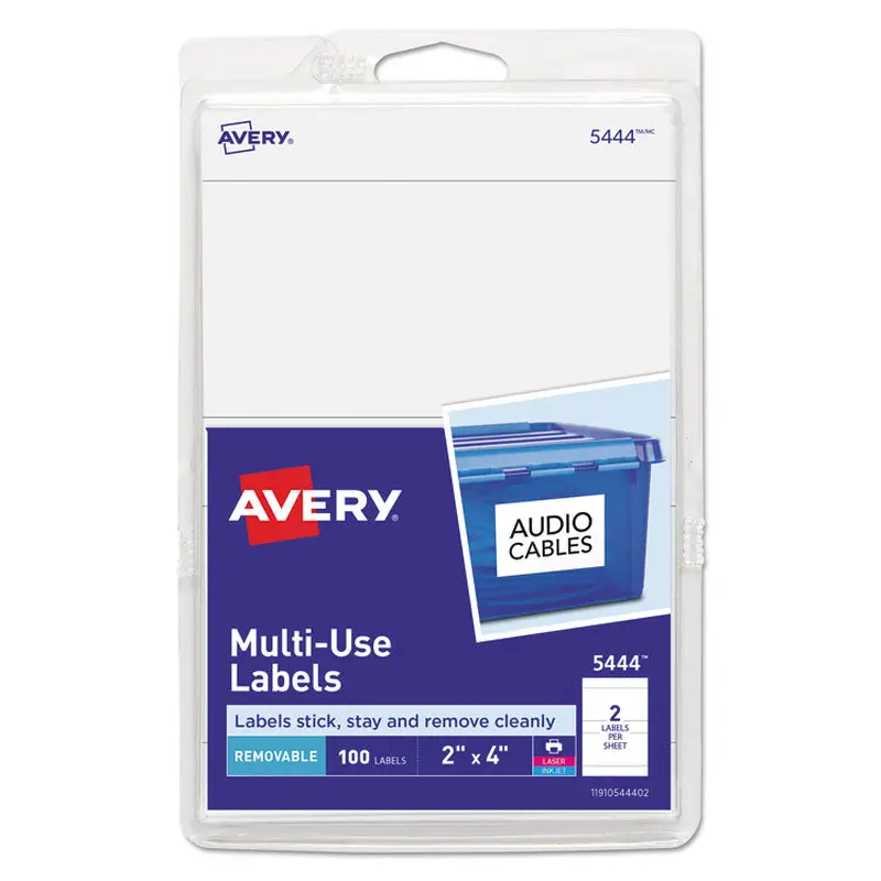 Avery Removable Multi-Use Labels, Inkjet/Laser Printers, 2 x 4, White, 2/Sheet, 50 Sheets/Pack, (5444) (AVE05444) Pack of 100