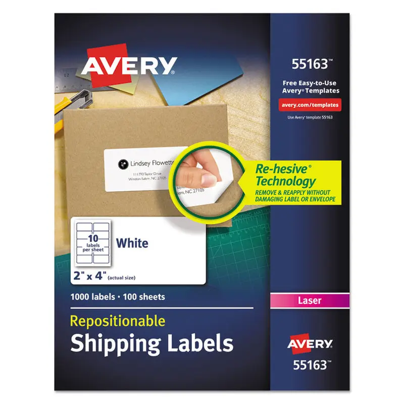 Avery Repositionable Shipping Labels w/Sure Feed, Inkjet/Laser, 2 x 4, White, 1000/Box (AVE55163) Box of 1000