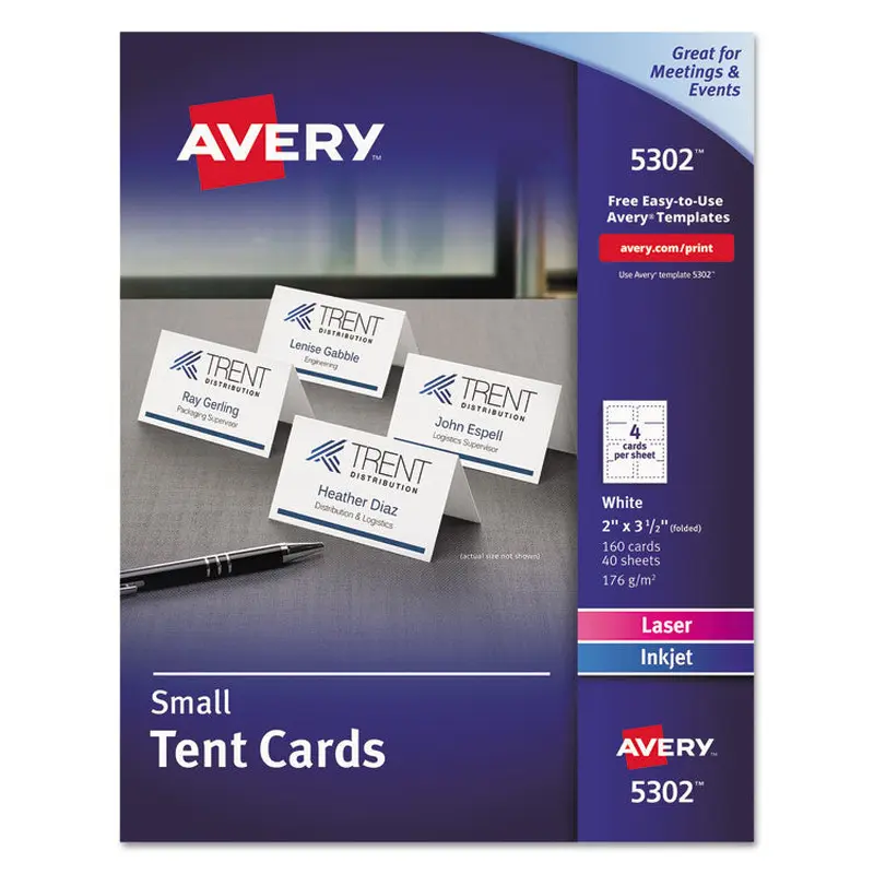 Avery Small Tent Card, White, 2 x 3.5, 4 Cards/Sheet, 40 Sheets/Pack (AVE5302) Each