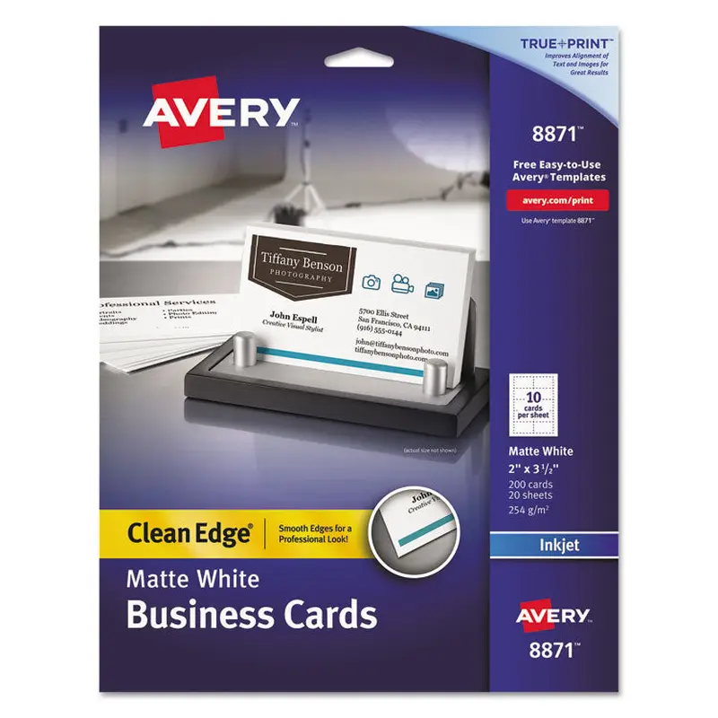 Avery True Print Clean Edge Business Cards, Inkjet, 2 x 3.5, White, 200 Cards, 10 Cards/Sheet, 20 Sheets/Pack (AVE8871) Pack of 200