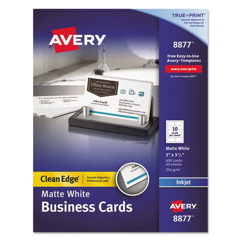 Avery True Print Clean Edge Business Cards, Inkjet, 2 x 3.5, White, 400 Cards, 10 Cards/Sheet, 40 Sheets/Box (AVE8877) Box of 400