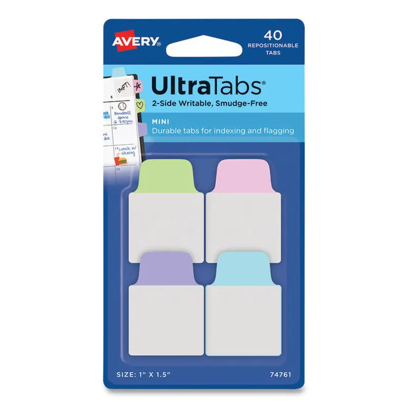 Avery Ultra Tabs Repositionable Tabs, Mini Tabs: 1" x 1.5", 1/5-Cut, Assorted Pastel Colors, 40/Pack (AVE74761) Pack of 40